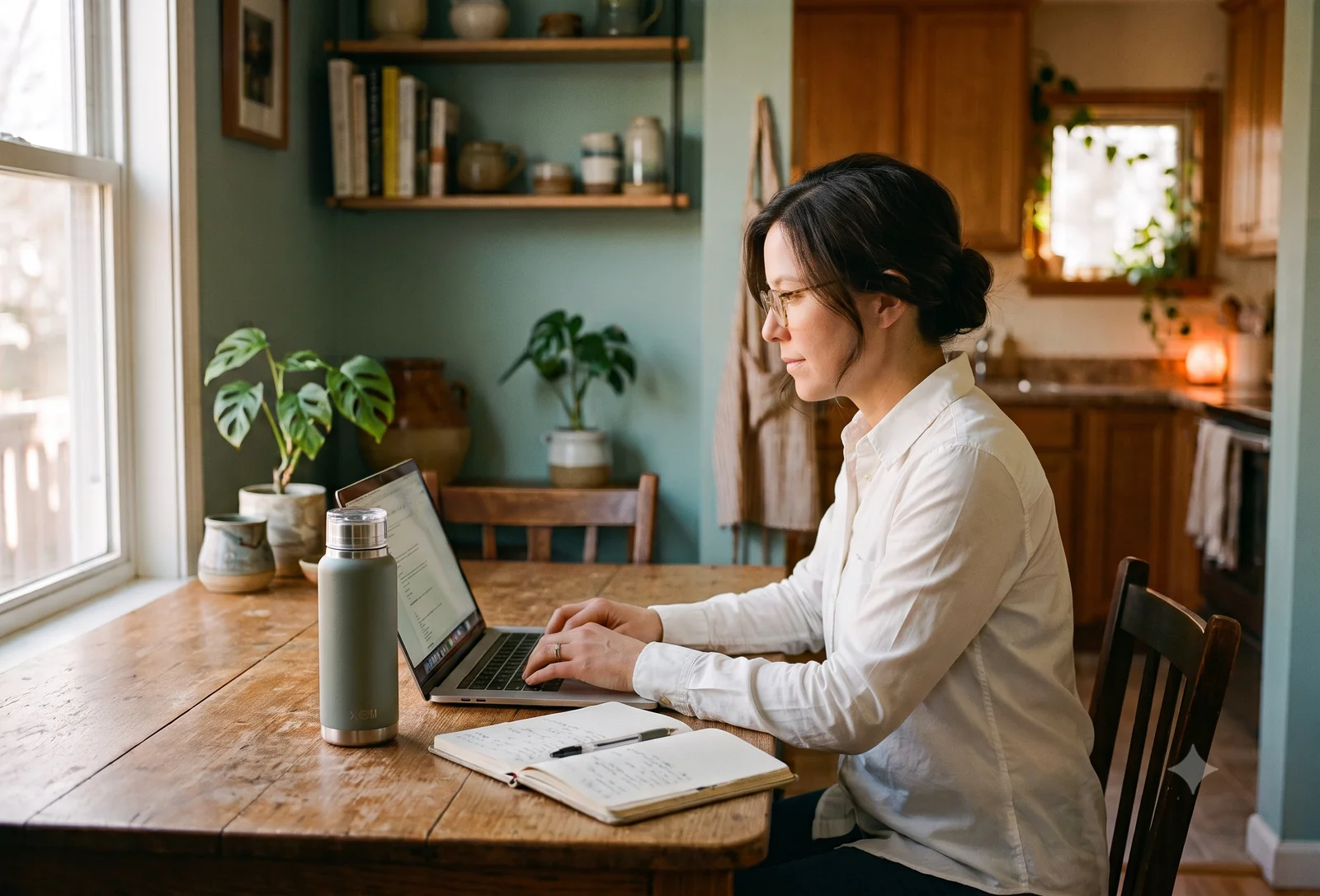 A refurbished laptop open on a kitchen table in natural light